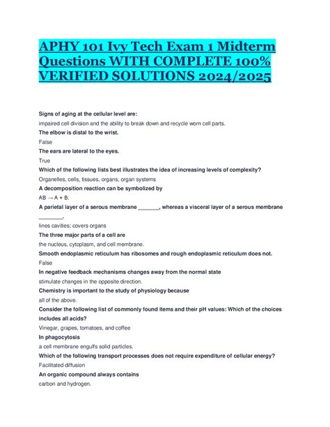 Aphy Ivy Tech Exam Midterm Questions With Complete Verified