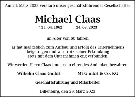 Traueranzeigen Von Michael Claas Vrm Trauer De