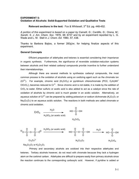 EXPERIMENT 5 Oxidation Of Alcohols Solid Supported Oxidation And