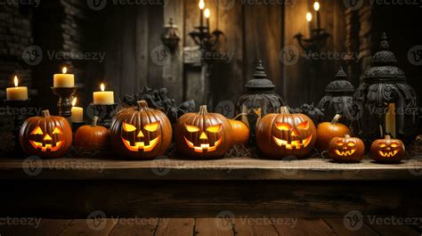 On A Wooden Shelf Flickering Candlelight Illuminates An Array Of Intricately Carved Pumpkins A