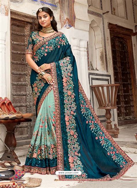 Buy Teal Blue Designer Barfi Silk Wedding Wear Sari Wedding Sarees