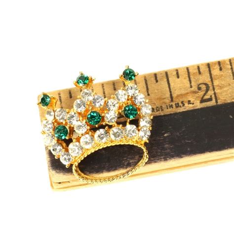 Rhinestone Crown Brooch Emerald Green Clear Crystal S… Gem