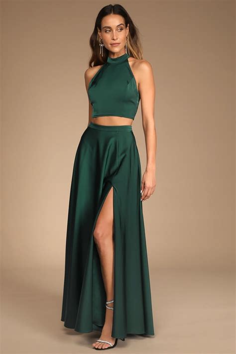 Strut And Stun Emerald Green Satin Halter Two Piece Maxi Dress In 2022