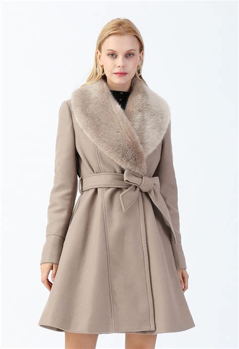 Faux Fur Collar Belted Flare Coat In Taupe Retro Indie And Unique