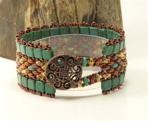 Superduo Czechmates Tile Cuff Bracelet Picasso Superduos Southwest Rustic Boho Turquoise Picasso