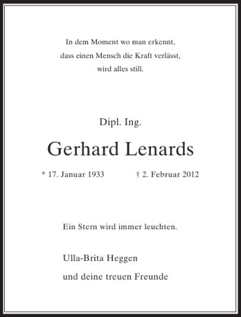 Alle Traueranzeigen für Dipl Ing Gerhard Lenards trauer rp online de