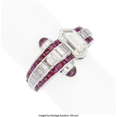 Art Deco Diamond Ruby Platinum Ring French Stones Hexagonal