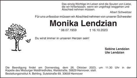 Traueranzeigen Von Monika Lendzian Trauer Anzeigen De