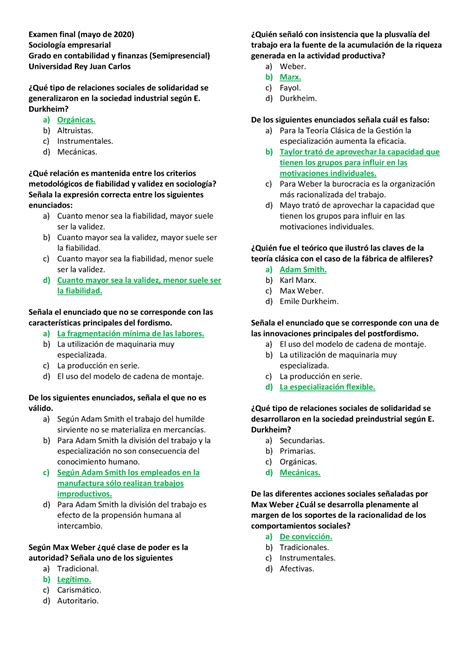 Preguntas para examen final de Sociología Empresarial Examen final