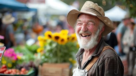 Premium Photo Cheerful Senior Farmer Wearing A Hat And Suspenders At A Farmers Market Laughing