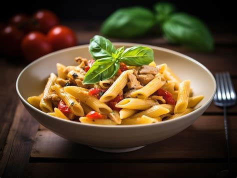 Premium AI Image A Bowl Of Penne Pasta With Chicken And Basil