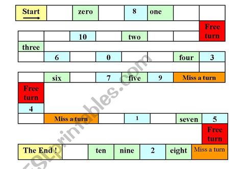 English Worksheets Numbers Board Game