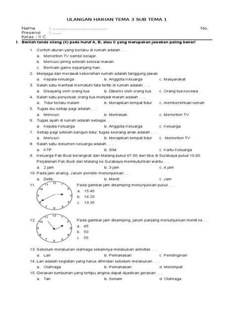 Soal Ulangan Harian Kelas 2 Tema 3 Sub Tema 1 Pdf Artofit