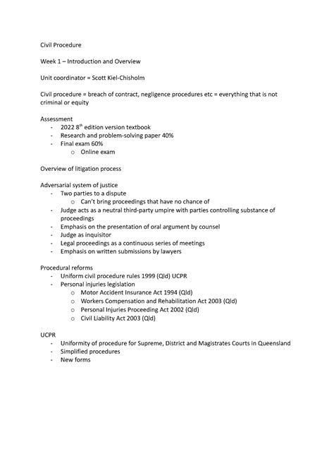 Week Civil Week Lecture Notes Civil Procedure Week