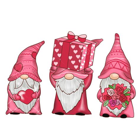 Valentines Day Gnomes Cartoon Style Three White Bearded Dwarfs Pink Valentine S Day Gnome