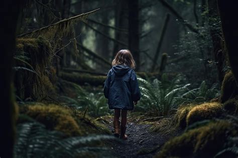 Menina Andando Na Vis O Traseira Da Floresta Misteriosa E Escura