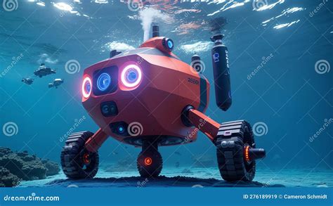 A Beautiful Red Robot Underwater With A Camera And A Scuba Diver Ai