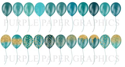 Teal And Gold Balloons Clipart Glitter Balloon Png Digital Etsy