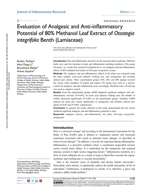 Pdf Evaluation Of Analgesic And Anti Inflammatory Potential Of 80