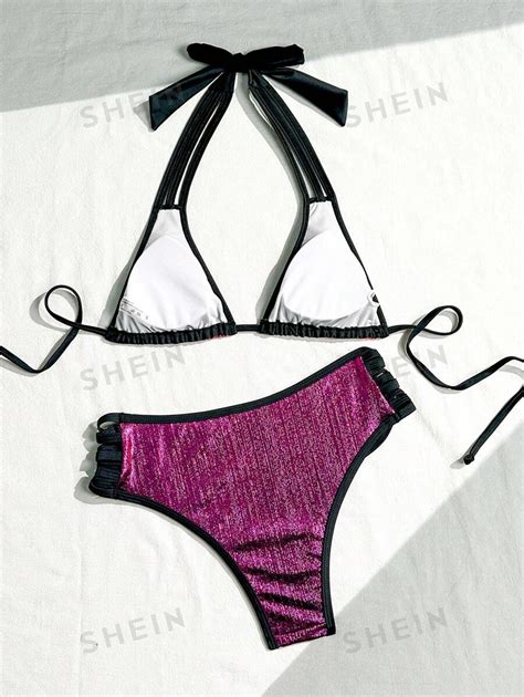 Shein Vcay Conjunto De Mai Bikini Monoqu Ni De Borda Em Contraste De