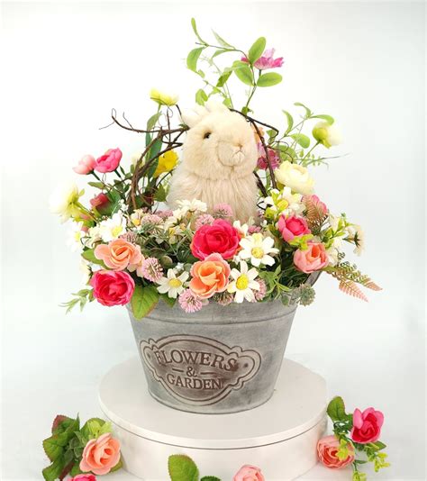 Realistic Angora Bunny Rabbit In Flower Garden Centerpiece Easter