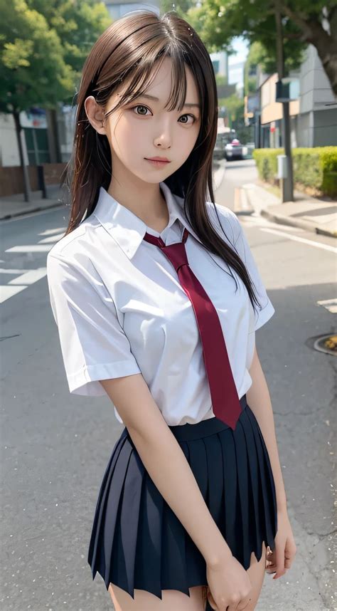 A Woman In A Short Skirt And Shirt Posing For The Camera With Her Hands