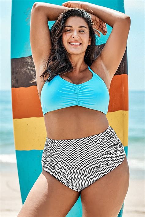 Bikini grande taille imprimé bleu ciel et chevron Cupshe France