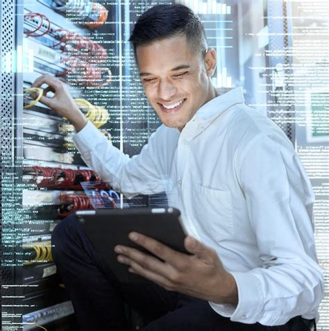 Premium Photo Server Room Tablet And Programmer Man Engineering Code