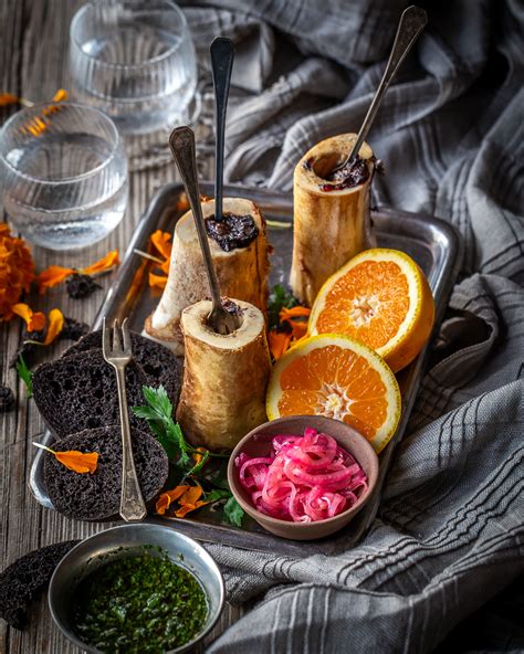 Roasted Bone Marrow With Pickled Red Onions And Black Garlic And Blood