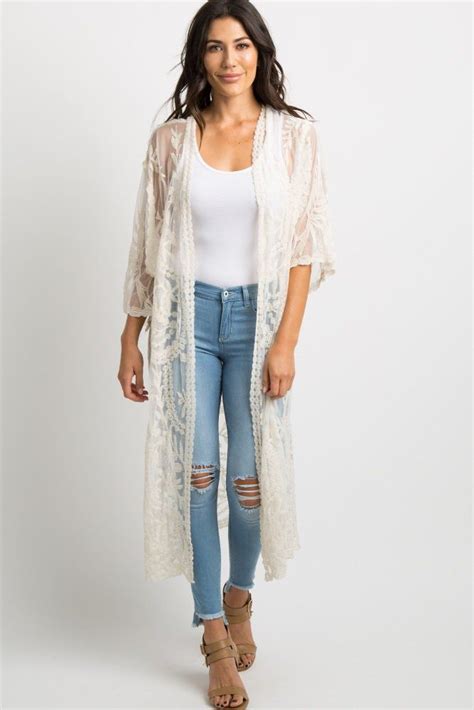 Ivory Crochet Mesh Long Cover Up Lace Kimono Outfit Lace Cardigan