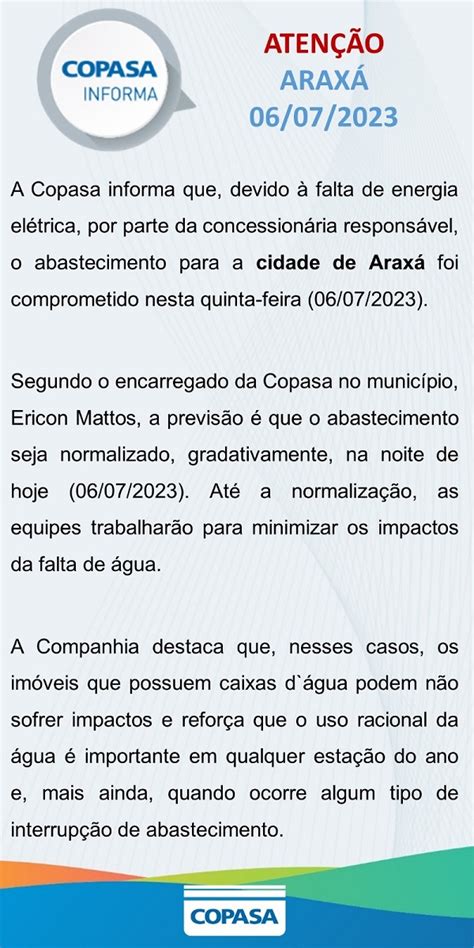 Copasa informa que abastecimento de água em Araxá foi comprometido