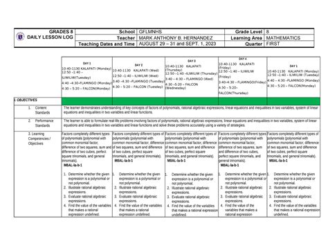 Dll Q1 W1 Daily Lesson Log Quarter 1 Week 1 Grades 8 Daily Lesson Log School Gflmnhs Grade