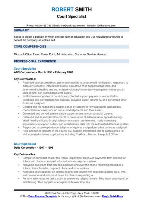 Court Specialist Resume Samples Qwikresume