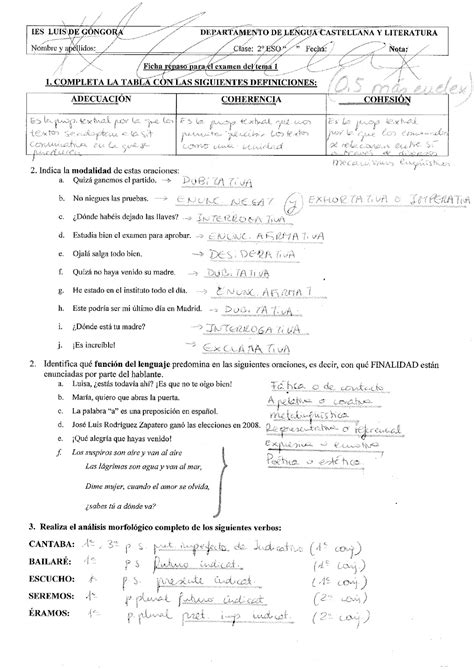 Lengua Y Literatura Castellana Eso Y Bachillerato Eso Ficha Repaso