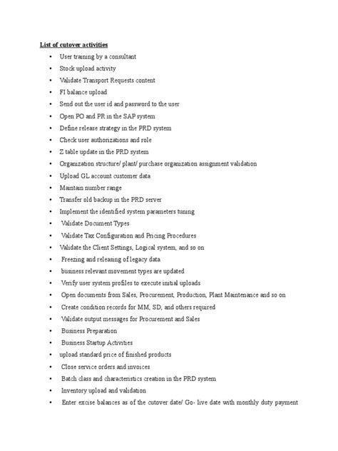 Cutover Activity Checklist For Sap Implementation Pdf