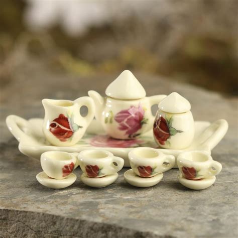 Miniature Pink Rose Ceramic Tea Set Dining Room Miniatures