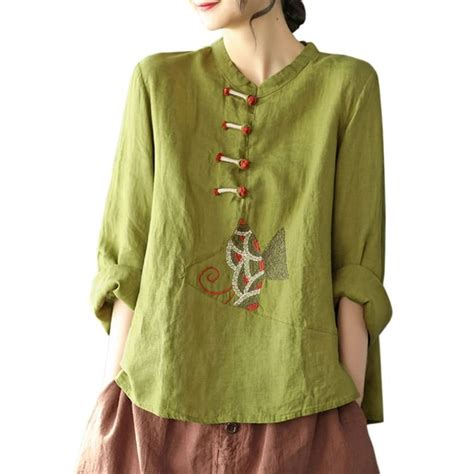 Haorun Women Chinese Embroidered Cotton Linen Frog Button Shirt Long