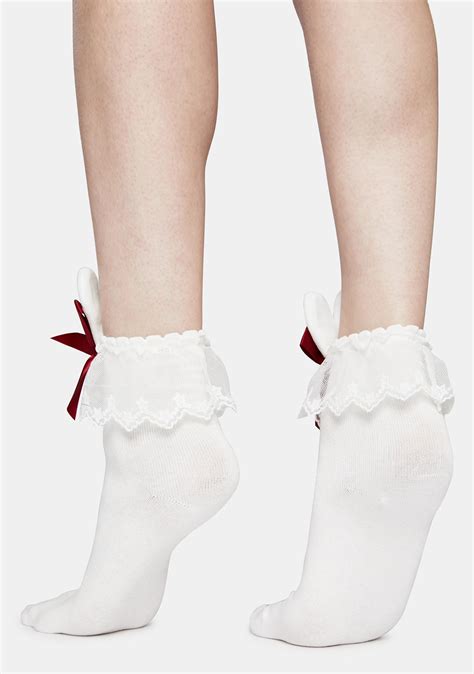 Lace Ruffle Ankle Socks With Bunny Ear Bows White Red Dolls Kill