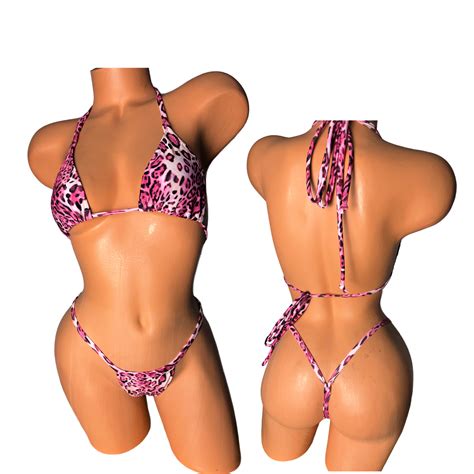 matte dark cheetah print  bottom micro thong bikini diamond doll bikinis