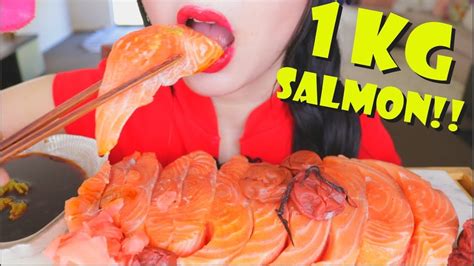 Asmr 1 Kg Raw Salmon Sashimi Seafood Eating Sounds No Talking Youtube