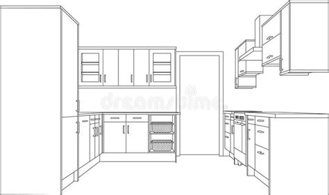 Drawing of a Fitted Kitchen. A 3d Single Point Perspective Line Drawing ...