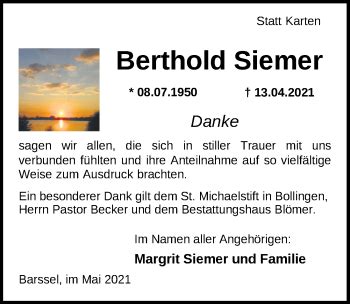 Traueranzeigen Von Berthold Siemer Nordwest Trauer De