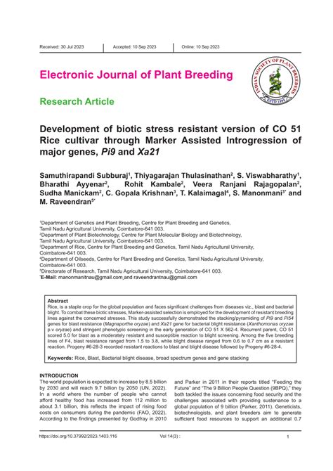 PDF Development Of Biotic Stress Resistant Version Of CO 51 Rice