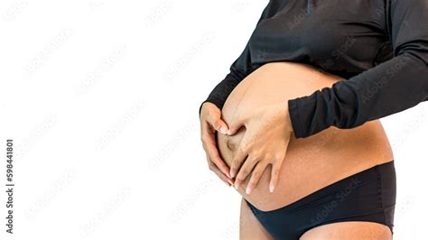 Pregnant Belly Woman Standing And Touching Her Naked Big Belly A Cute