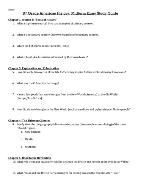 8 Grade American History Midterm Exam Study Guide