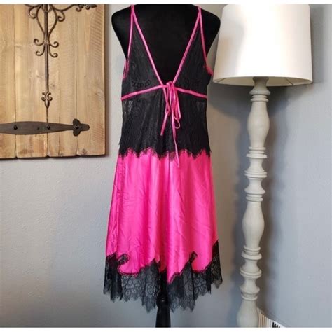 Inc International Concepts Intimates And Sleepwear Inc Hot Pink Black Lace Spandex Nightgown