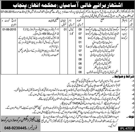 Canal Guard Jobs In Irrigation Department Sargodha April Mehkma