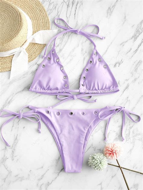 Zaful Grommet String High Cut Bikini Swimsuit In Light Purple Zaful 2024