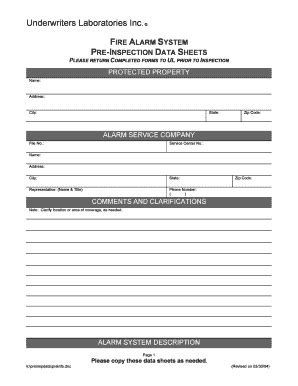 Fillable Online Fire Alarm System Pre Inspection Data Sheets UL