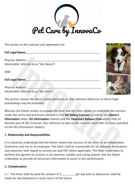 Pet Care Agreement Pet Sitting Contract Pet Care Contract - Etsy Canada